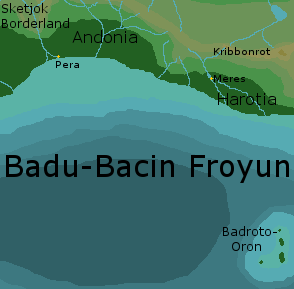 A map of Badu-Bacin Froyun (the North Sea), Andonia, and Harotia, G. 1126. The smugglers' ship has departed from Badroto-Oron (bottom right) and now sails for Pera-tus (top left).
