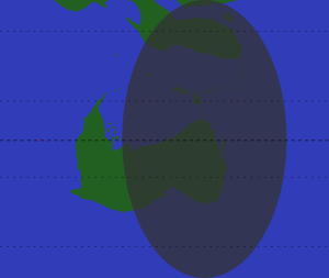 Approximate area of the world where Iria can be seen. At the red dot towards the left of the map, Iria appears directly overhead. Along the dimmed-out border, Iria appears on the horizon.